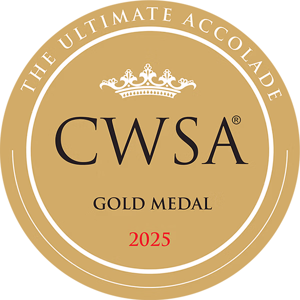 Circular gold medal emblem with white borders, crown graphic, CWSA Gold Medal text, and 2025 year.