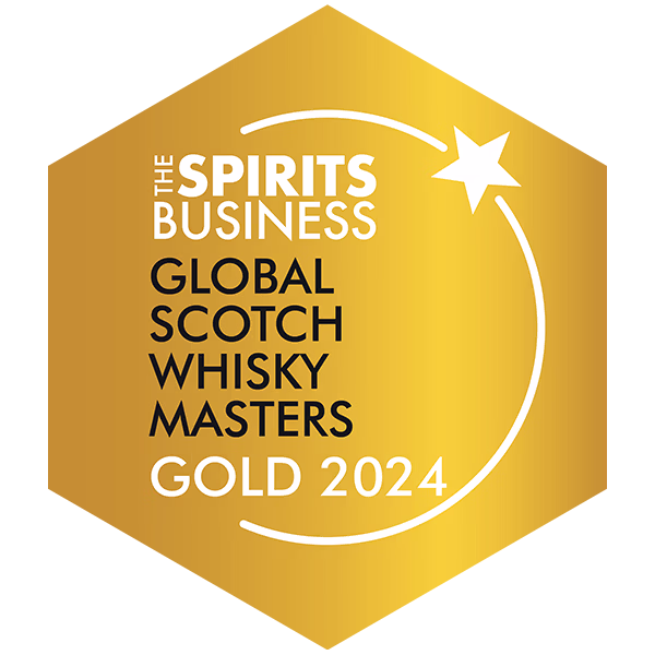 Gold hexagonal award badge for The Spirits Business Global Scotch Whisky Masters Gold 2024.