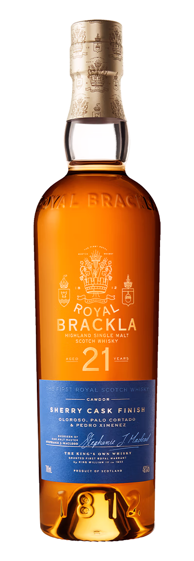Royal Brackla 21 Years Old Highland Single Malt Scotch Whisky bottle with golden foil-sealed neck.